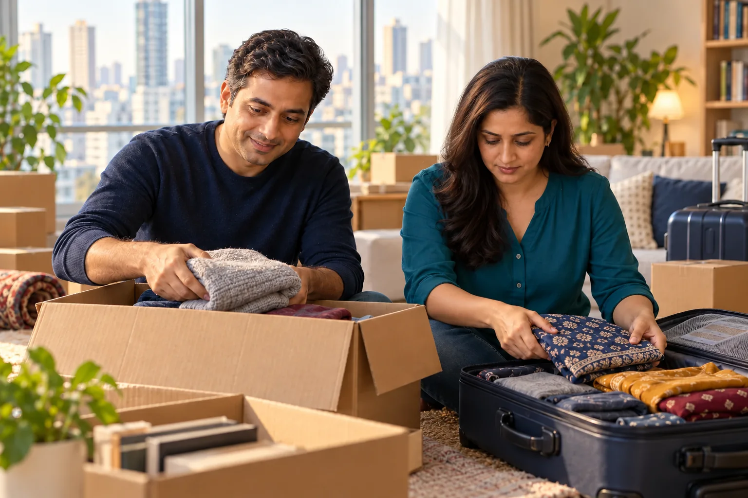 AI-generated photograph of the same couple packing boxes and suitcases for their move to India.