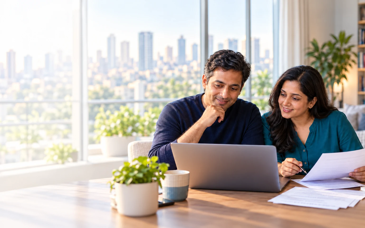 AI-generated photograph of an Indian couple reviewing their plans at home overseas.