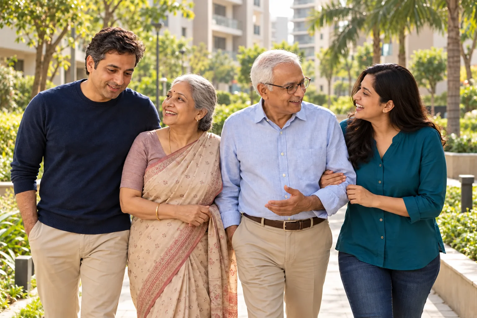 AI-generated photograph of the same couple walking with their parents in a green residential community in India.