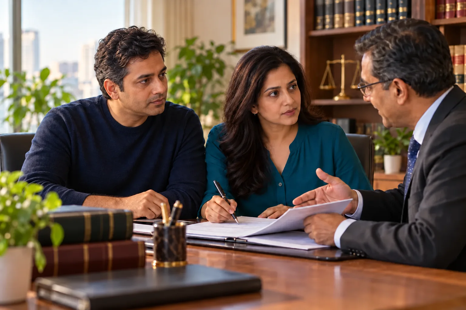 AI-generated photograph of the same couple drafting a will with a lawyer in India.