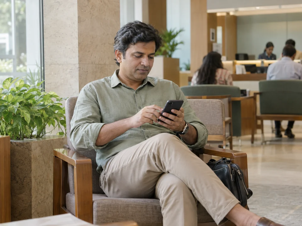 AI-generated illustration of an Indian professional uses a phone in a quiet modern bank waiting area.