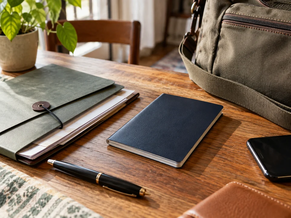 AI-generated illustration of a plain navy booklet, document folder and pen beside a canvas travel bag.