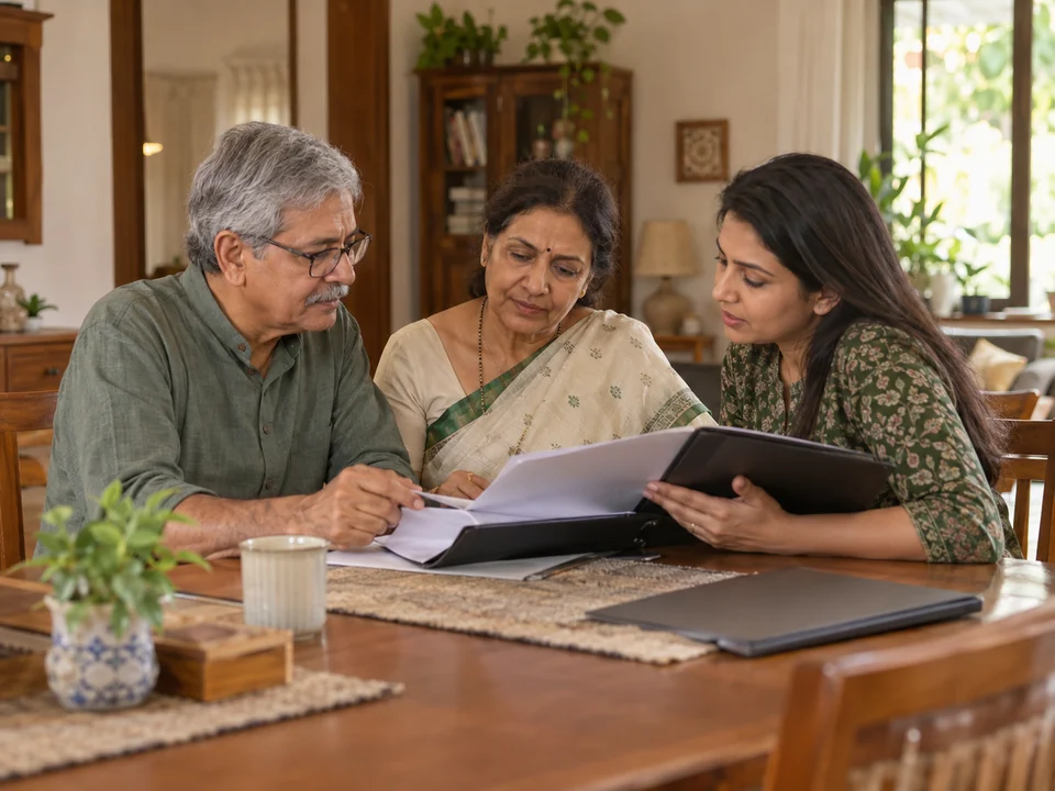 AI-generated illustration of elderly Indian parents and their adult daughter review a family document folder at home.