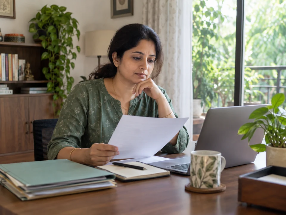 AI-generated illustration of an Indian woman reviews household papers beside a laptop at a sunlit home desk.
