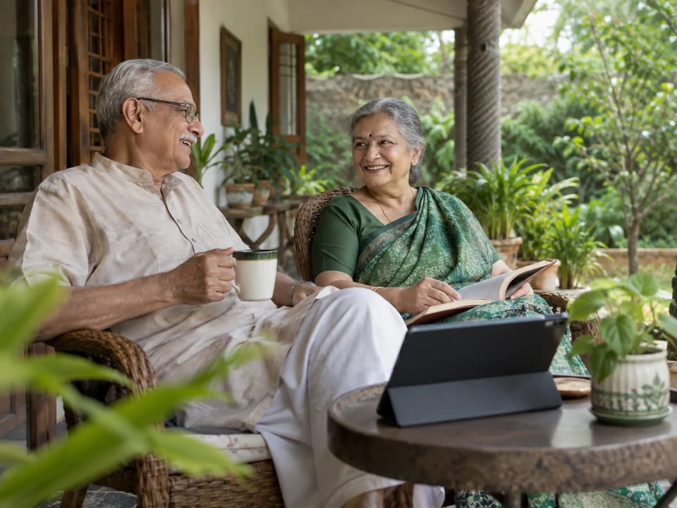 AI-generated illustration of an older Indian couple sits together on a shaded veranda with a tablet nearby.