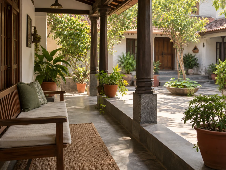 AI-generated illustration of a sunlit Indian home courtyard with wood doors, plants and a shaded veranda.
