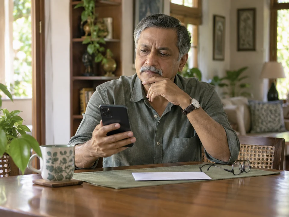 AI-generated illustration of an Indian man considers a phone call at home beside reading glasses and a plain letter.